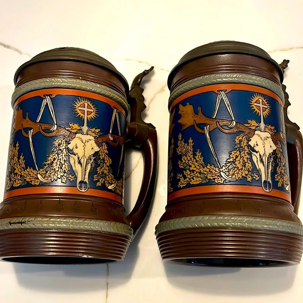 Vintage Mettlach German Beer Steins w/ lid matching 2pc set skull & cross - Picture 1 of 9